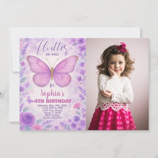 Lila Schmetterling Geburtstag Einladung mit Foto (Vorderseite)