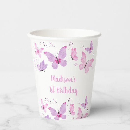 Lila Schmetterling Geburtstag Pappbecher (Vorderseite)