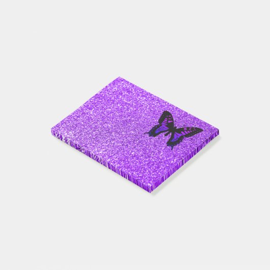 Lila Schmetterling im Glitzer Post-it Klebezettel (angewinkelt)