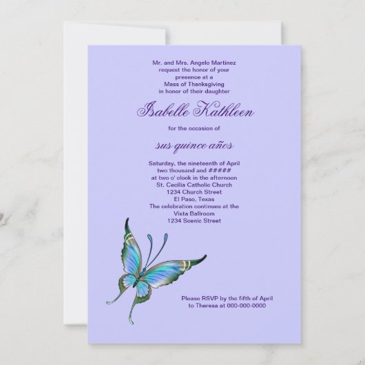 Lila Schmetterling Quinceanera 15. Geburtstag Einladung (Rückseite)