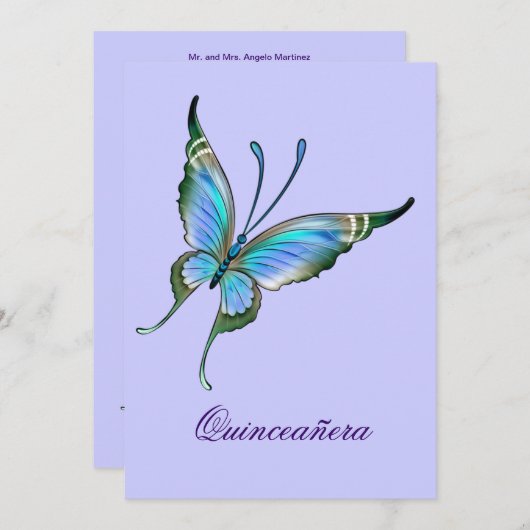 Lila Schmetterling Quinceanera 15. Geburtstag Einladung (Vorne/Hinten)