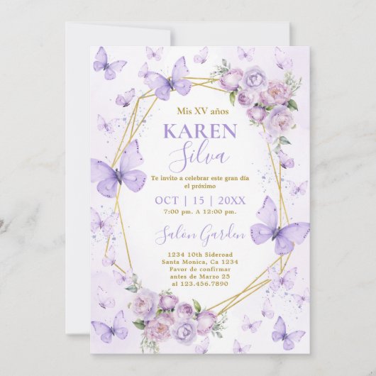 Lila Schmetterling Quinceanera Einladung (Vorderseite)