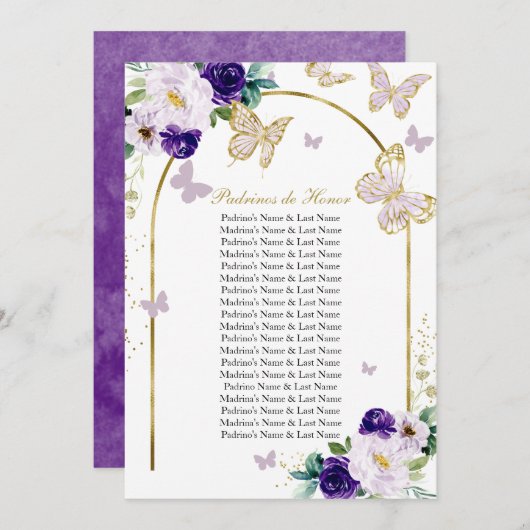 Lila Schmetterling Quinceanera Padrinos de Ehre Einladung (Vorne/Hinten)