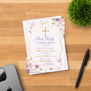 Lila Schmetterling Rosa Bläserblume Erste Heilige  Acryleinladungen