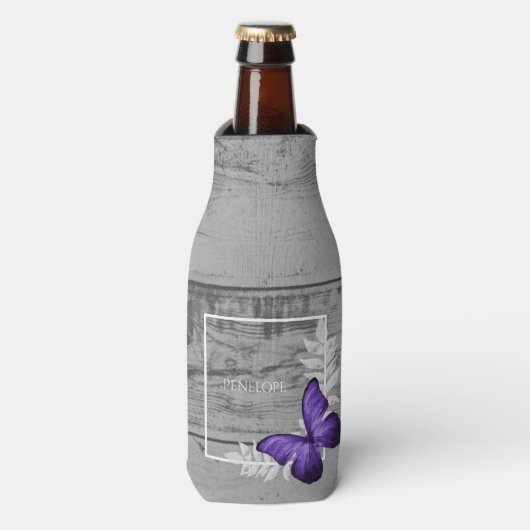 Lila Schmetterling Rustikale Personalisierte Flasc Flaschenkühler (Flaschenvorderseite)