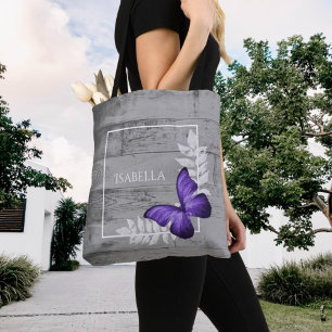 Lila Schmetterling Rustikale Personalisierte Tote  Tasche