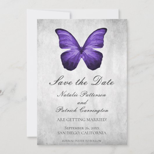 Lila Schmetterling Save the Date einladen Einladung (Vorderseite)