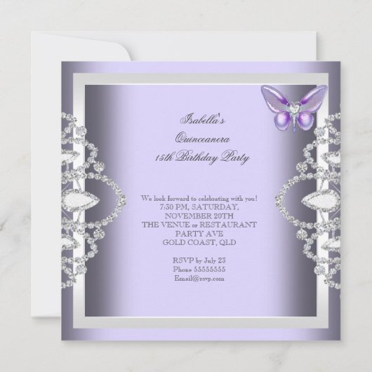 Lila Schmetterling Tiara Quinceanera 15. Party Einladung (Rückseite)