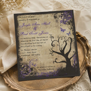 Lila Schmetterling und Baum Vintage-Hochzeit Einladung