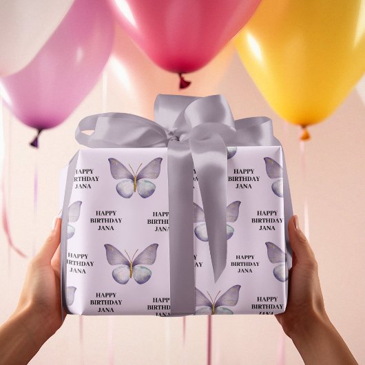 Lila Schmetterling und glücklicher Geburtstag Geschenkpapier