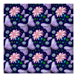 Lila Schmetterling und rosa Blumenmuster Poster