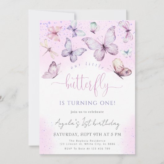 Lila Schmetterling Unsere kleine Schmetterlingsdus Einladung (Vorderseite)