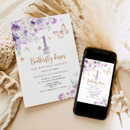 Lila Schmetterling zum ersten Geburtstag Einladung