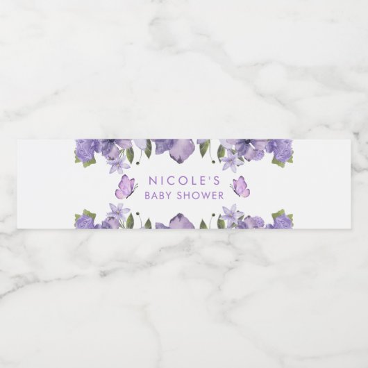 Lila Schmetterlinge Aquarellfarben-Wildblume Wasserflaschenetikett (Einzelnes Label)