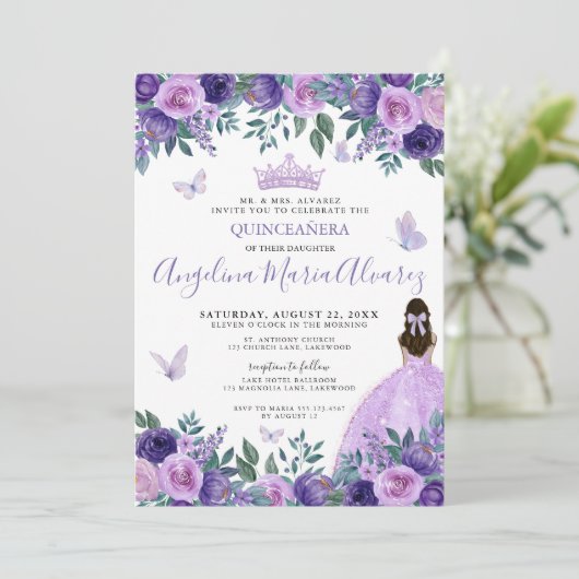 Lila Schmetterlinge Einladung (Stehend Vorderseite)