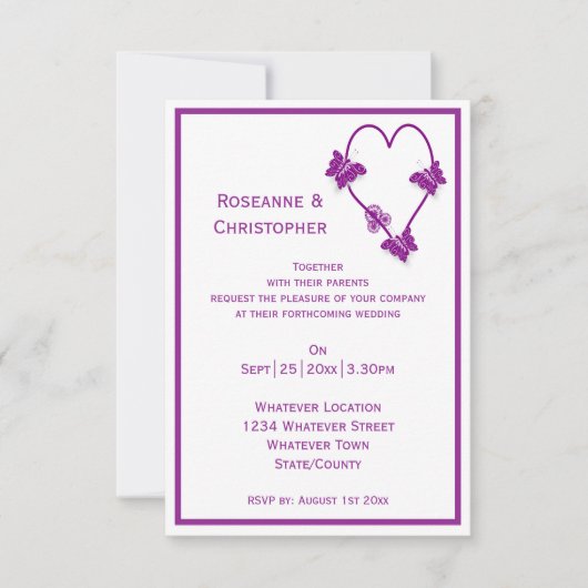 Lila Schmetterlinge Herzdesign Hochzeit Einladung (Vorderseite)