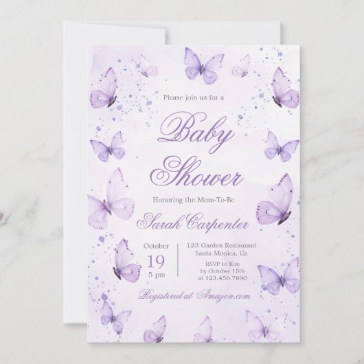 Lila Schmetterlinge Kinderdusche Einladung (Vorderseite)