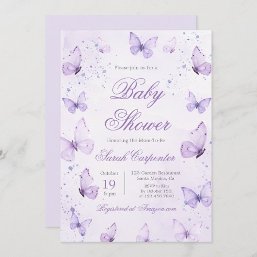 Lila Schmetterlinge Kinderdusche Einladung (Vorne/Hinten)