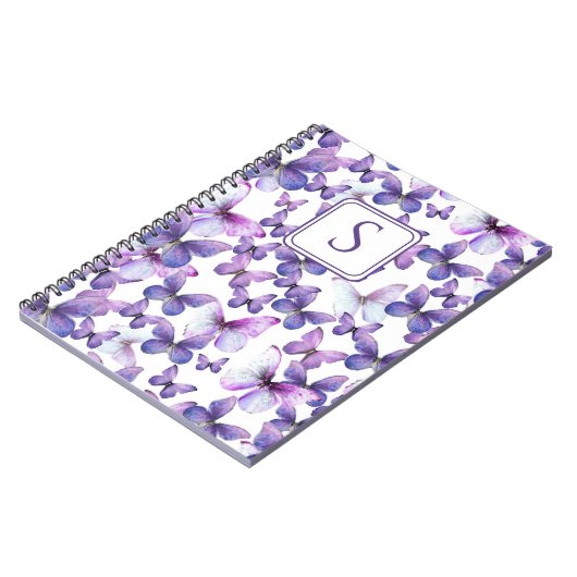 Lila Schmetterlinge Moderne, elegante Monogramm Notizblock (Linke Seite)