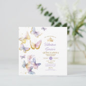 Lila Schmetterlinge Quinceañera 15 Anos Goldkrone Einladung (Stehend Vorderseite)