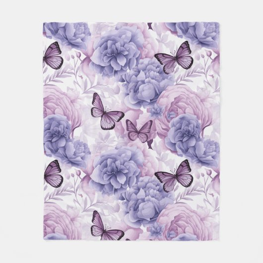 Lila Schmetterlinge und Blumen Fleecedecke (Vorderseite)