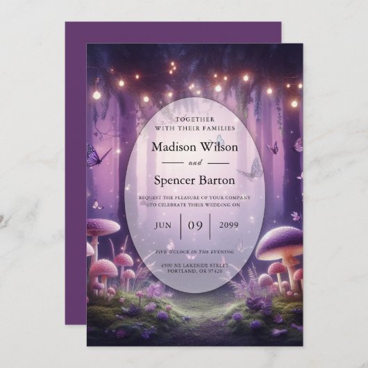 Lila Schmetterlinge und Hochzeiten von Starlit Ski Einladung (Vorne/Hinten)