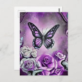 Lila Schmetterlinge und Rose Postkarte (Vorne/Hinten)