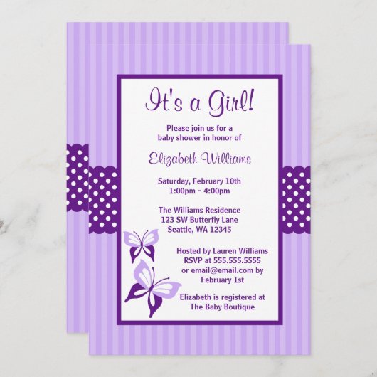 Lila Schmetterlings-Streifen-und Punkt-Baby-Dusche Einladung (Vorne/Hinten)
