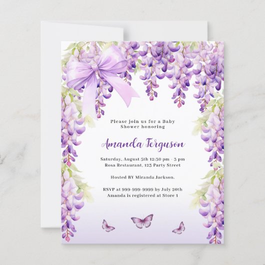 Lila Schmetterlingsbude Baby Showeinladung (Vorderseite)