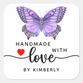 Lila Schmetterlingshandgefertigt mit Liebe weiß Quadratischer Aufkleber
