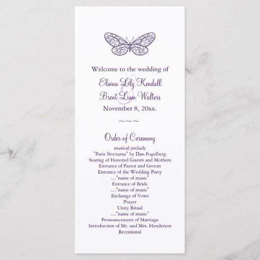 Lila Schmetterlingsküsse Hochzeitsprogramm Programm (Vorderseite)