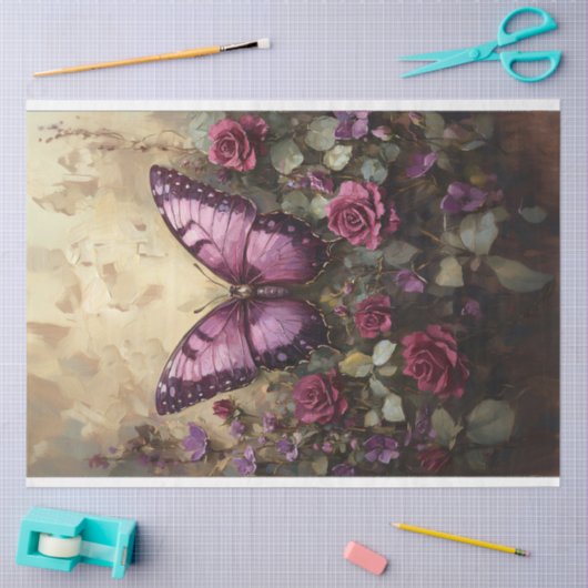 Lila Schmetterlingssonde Rose Bush Malerei Decoupa Seidenpapier (Basteln)