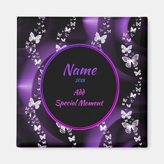 Lila Schmetterlingswirbel, Name und Datum hinzufüg Magnet (Vorne)