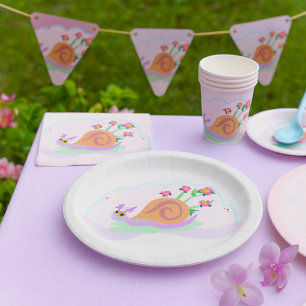 Lila Schnecke mit Blumenschale Pappteller