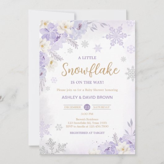 Lila Schneeflocken-Babydusche Einladung (Vorderseite)