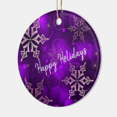 Lila Schneeflocken Happy Holidays Keramik Ornament (Links)