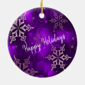 Lila Schneeflocken Happy Holidays Keramik Ornament (Hinten)