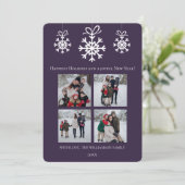Lila Schneeflocken Ornamente FotoCollage Feiertagskarte (Stehend Vorderseite)