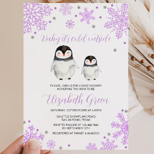 Lila Schneeflocken Pinguin-Baby-Party Einladung