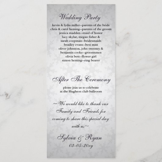 lila Schneeflocken Winterhochzeit Programm (Rückseite)