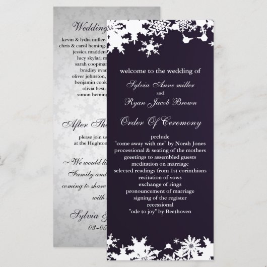 lila Schneeflocken Winterhochzeit Programm (Vorne/Hinten)