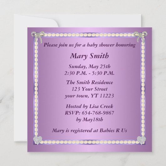 Lila Schneeleopard Diamond Bow Babydusche lädt ein Einladung (Rückseite)