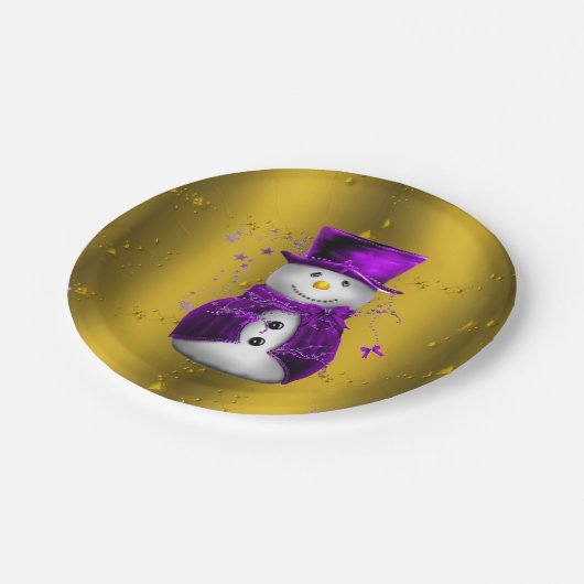 Lila Schneemann zu Weihnachten Pappteller (Schrägansicht)