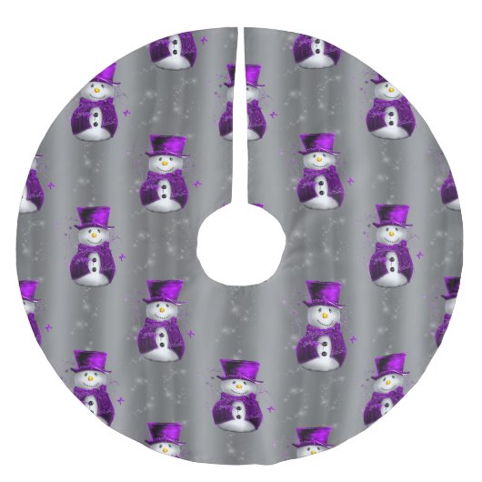 Lila Schneemänner auf Dunkelsilber Polyester Weihnachtsbaumdecke (Vorderseite)