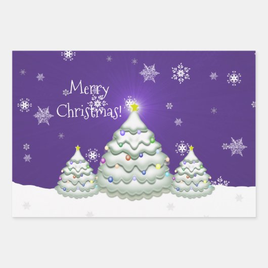 Lila Schneeweihnachtsbaumwrapping-Papier Geschenkpapier Set (Vorderseite)