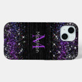 Lila Schwarz-Bürstenmetall-Glitzer-Monogramm Case-Mate iPhone Hülle (Rückseite (Horizontal))