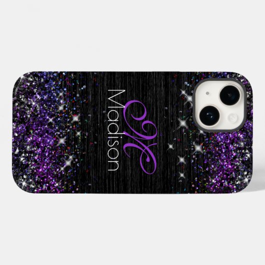 Lila Schwarz-Bürstenmetall-Glitzer-Monogramm Case-Mate iPhone Hülle (Rückseite (Horizontal))