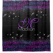 Lila Schwarz-Bürstenmetall-Glitzer-Monogramm Duschvorhang (Vorderseite)