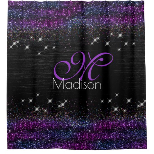 Lila Schwarz-Bürstenmetall-Glitzer-Monogramm Duschvorhang (Vorderseite)