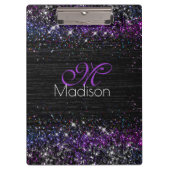 Lila Schwarz-Bürstenmetall-Glitzer-Monogramm Klemmbrett (Vorderseite)